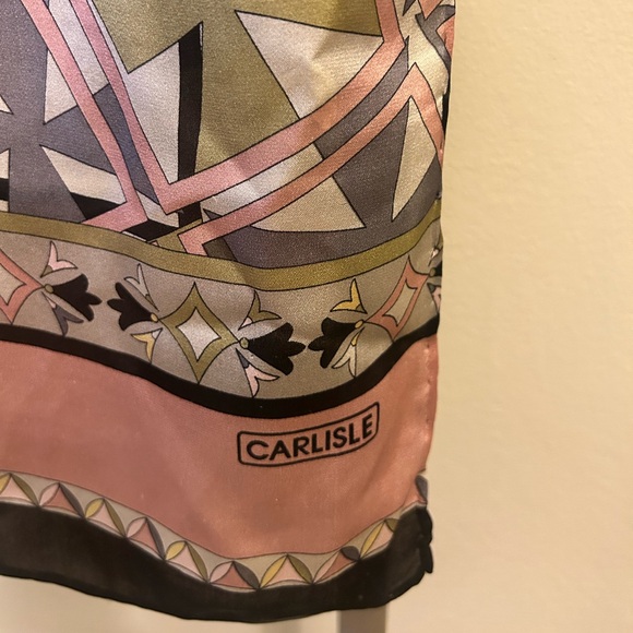 Pucci-Inspired Carlisle 100% Silk Scarf. Oblong 58”x19” Pink, Brown, Gray, Green - Picture 5 of 6